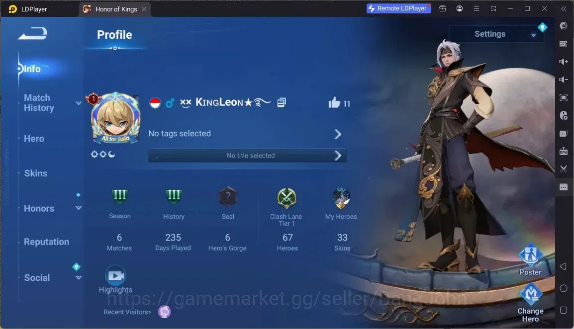 Honor of Kings Accounts Rare Skin Global | 67H 33S |Legend Yao|Legend Lam|Epic Nezha|AOT Heino|Event Exclusive Buterfly|9 1