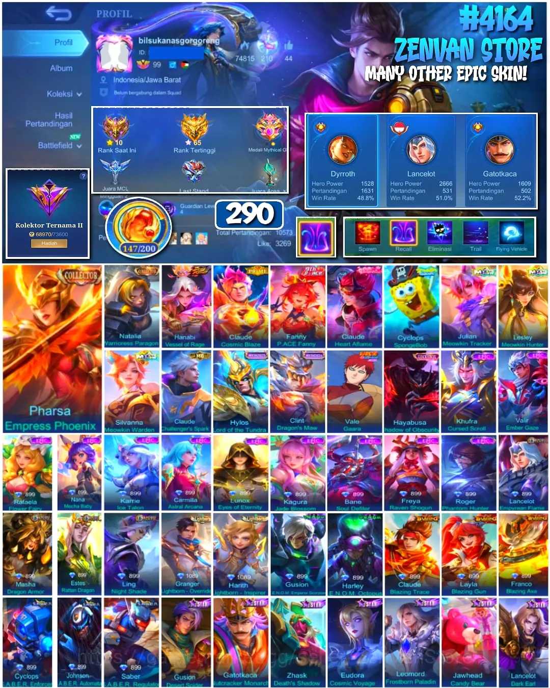 Mobile Legends: Bang Bang Accounts 🔥 #4164 🔥 💎 290 Skins 👑 Collector Pharsa Empress Phoenix ⚔️ Renowned Collector II 1
