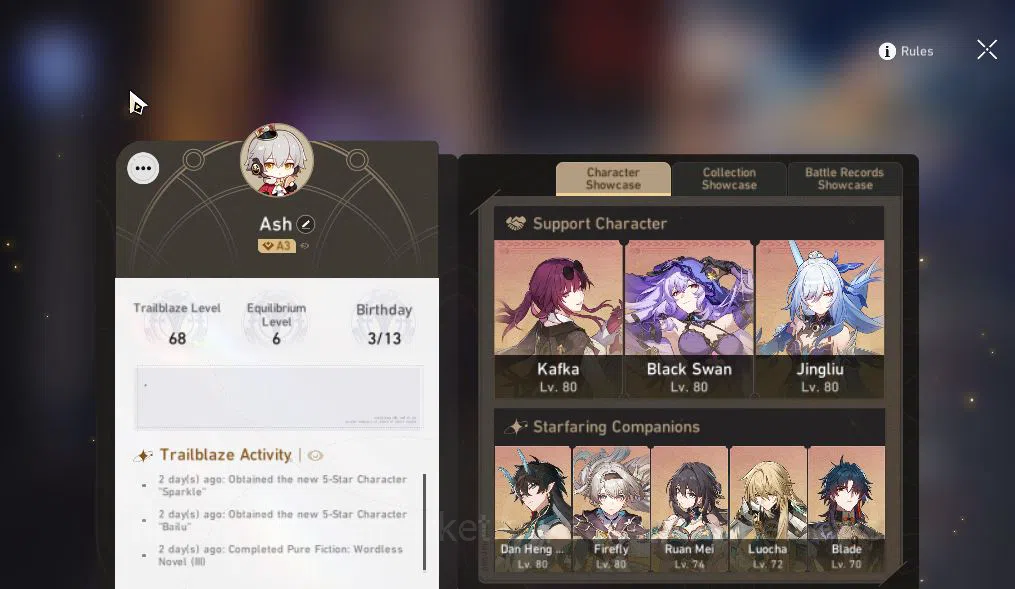 Honkai Star Rail Accounts End Game Asia|TL 68|12 Limited|[Kafka,Danil]+Sign,Castorice,Firefly,Sunday,Black 2