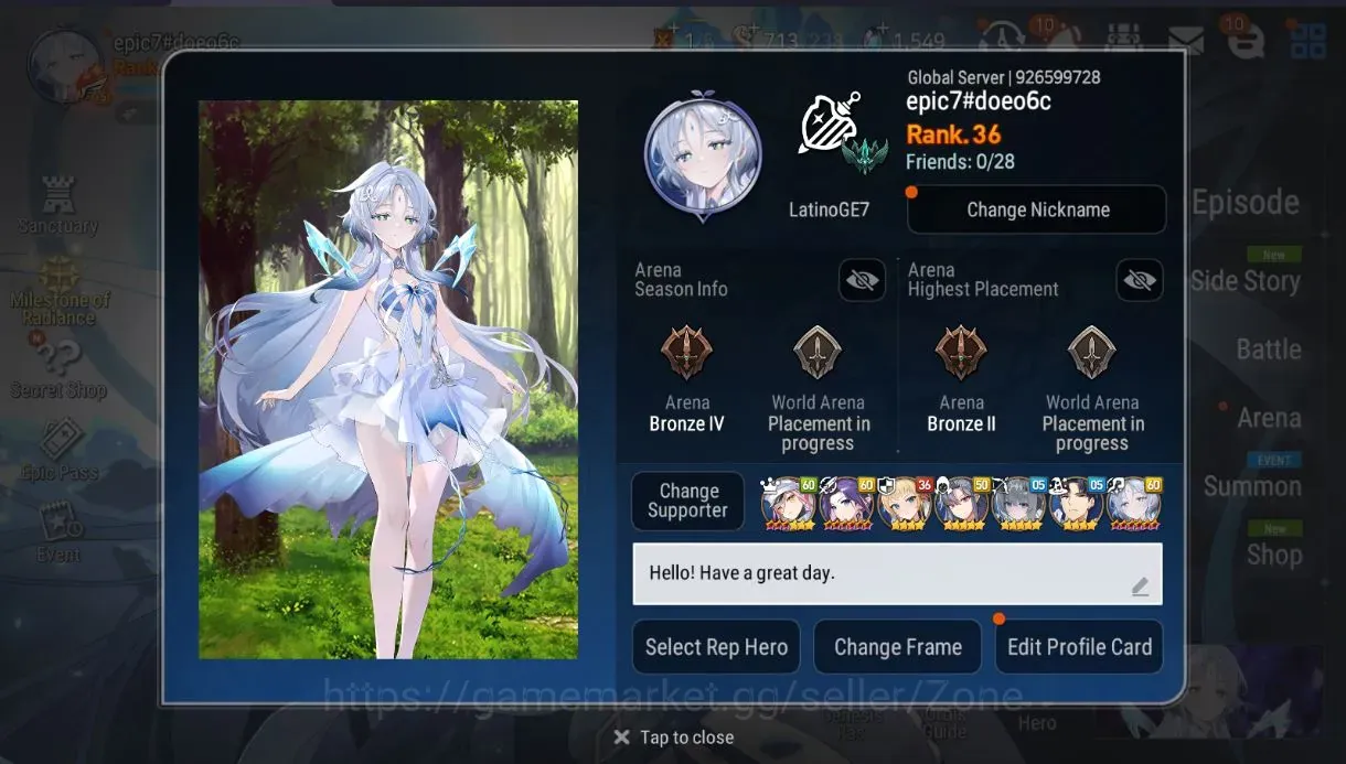 Epic Seven Accounts High-End Global unverif|4ML(Lisette,Iseria,SE Celine,AS elenna,ME Kawerik Etc.)|PoH+Bless ON|1,549 1