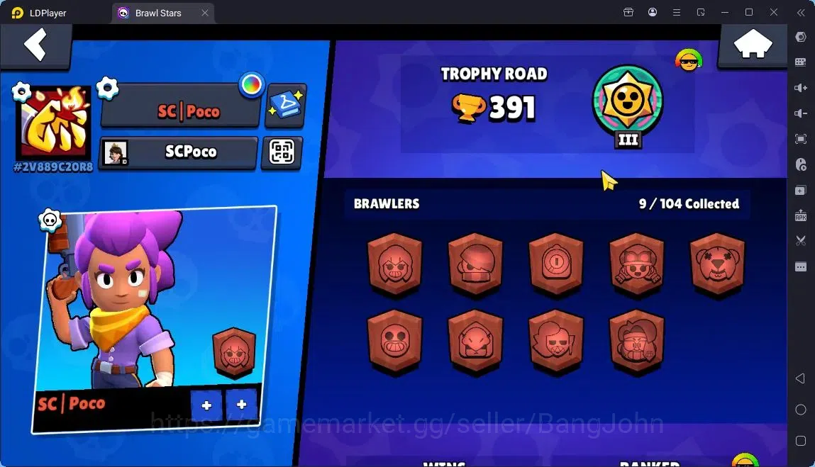 Brawl Stars Accounts Global |Trophy 391|9 Brawler|1 Max Hypercharge(Edgar)|1740 Bling|30 Gems|1 Rare,1 Epic Skins 2