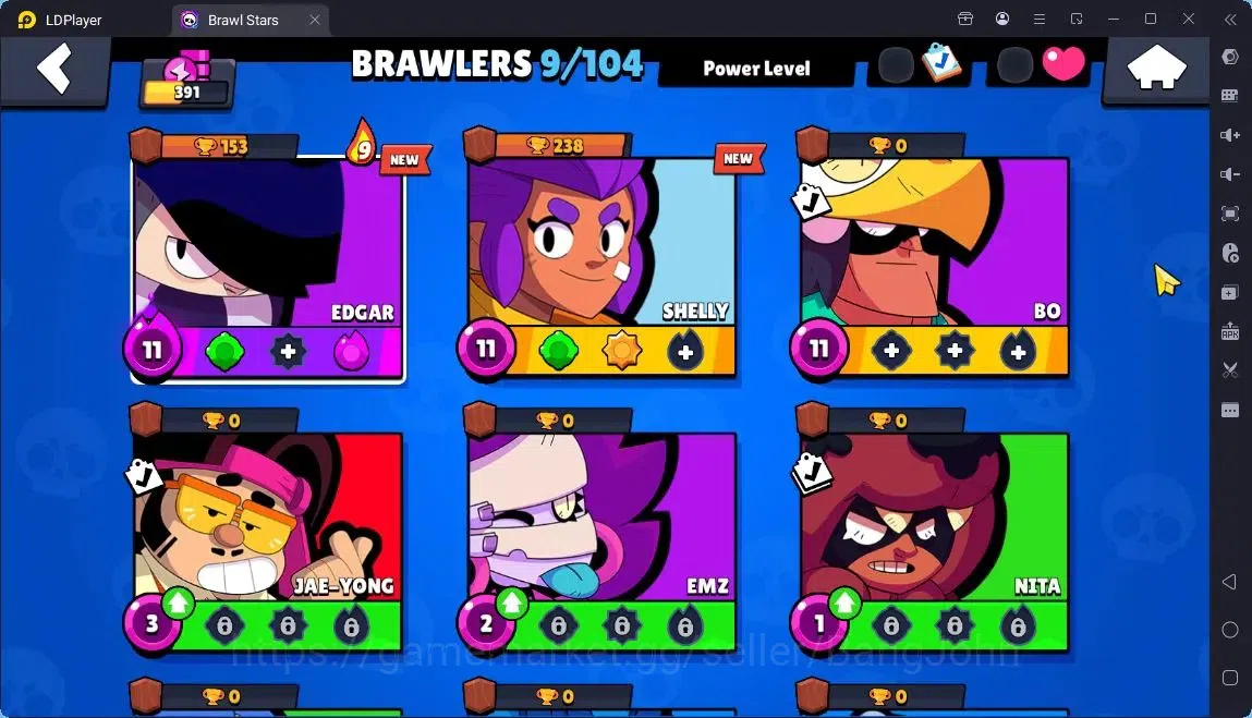Brawl Stars Accounts Global |Trophy 391|9 Brawler|1 Max Hypercharge(Edgar)|1740 Bling|30 Gems|1 Rare,1 Epic Skins 5