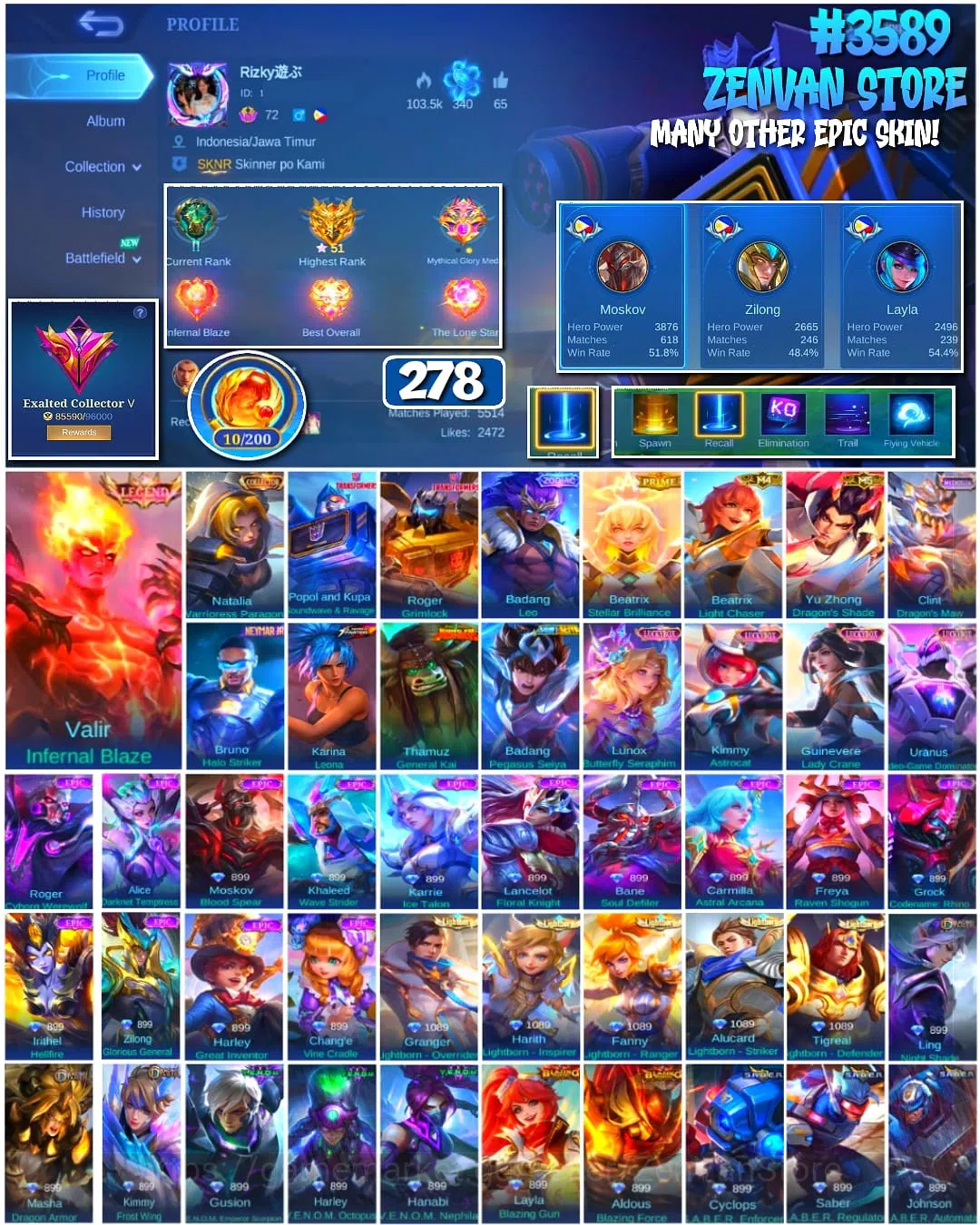 Mobile Legends: Bang Bang Accounts #3589 278 Skins | Legend Valir | Collector Natalia image 1