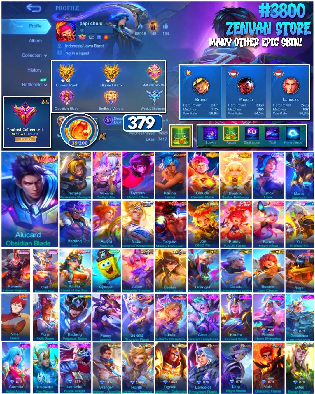 Mobile Legends: Bang Bang Accounts #3800 379 Skins | Legend Alucard | Collector Natal image 1