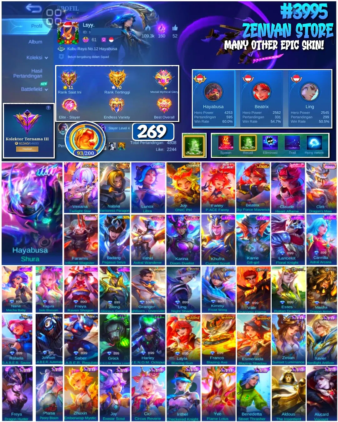 Mobile Legends: Bang Bang Accounts π₯ #3995 π₯ 269 Skins π Renowned Collector III π Legend Skin βοΈ M-World Joy ONIC 1
