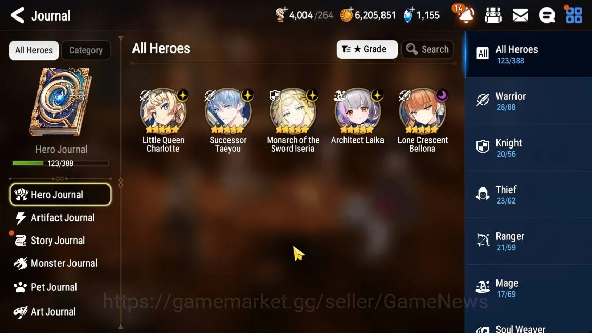 Epic Seven Accounts Starter Global UnVerif|5 ML(Monarch Iseria,LC Bellona,LQ Charlote,etc)+Haru+Art,AFS Flan,Estele,Etc|1K 1