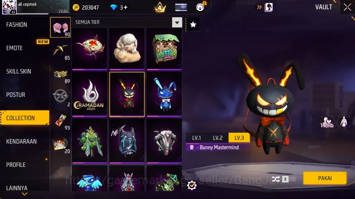 Free Fire Accounts Indonesia | Bunny Mastermind Backpack, Electrify Bunny Backpack | M1887 - Mamba Gnaw | Check SS FF963B 1