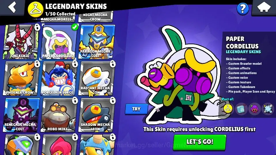 Brawl Stars Accounts 1003 Trophy|17 Brawlers 2 Max Lvl [Barley,Shelly]|10 Skins|1 Legend Skins [Paper Cordelius] 1 Epic|CN 8
