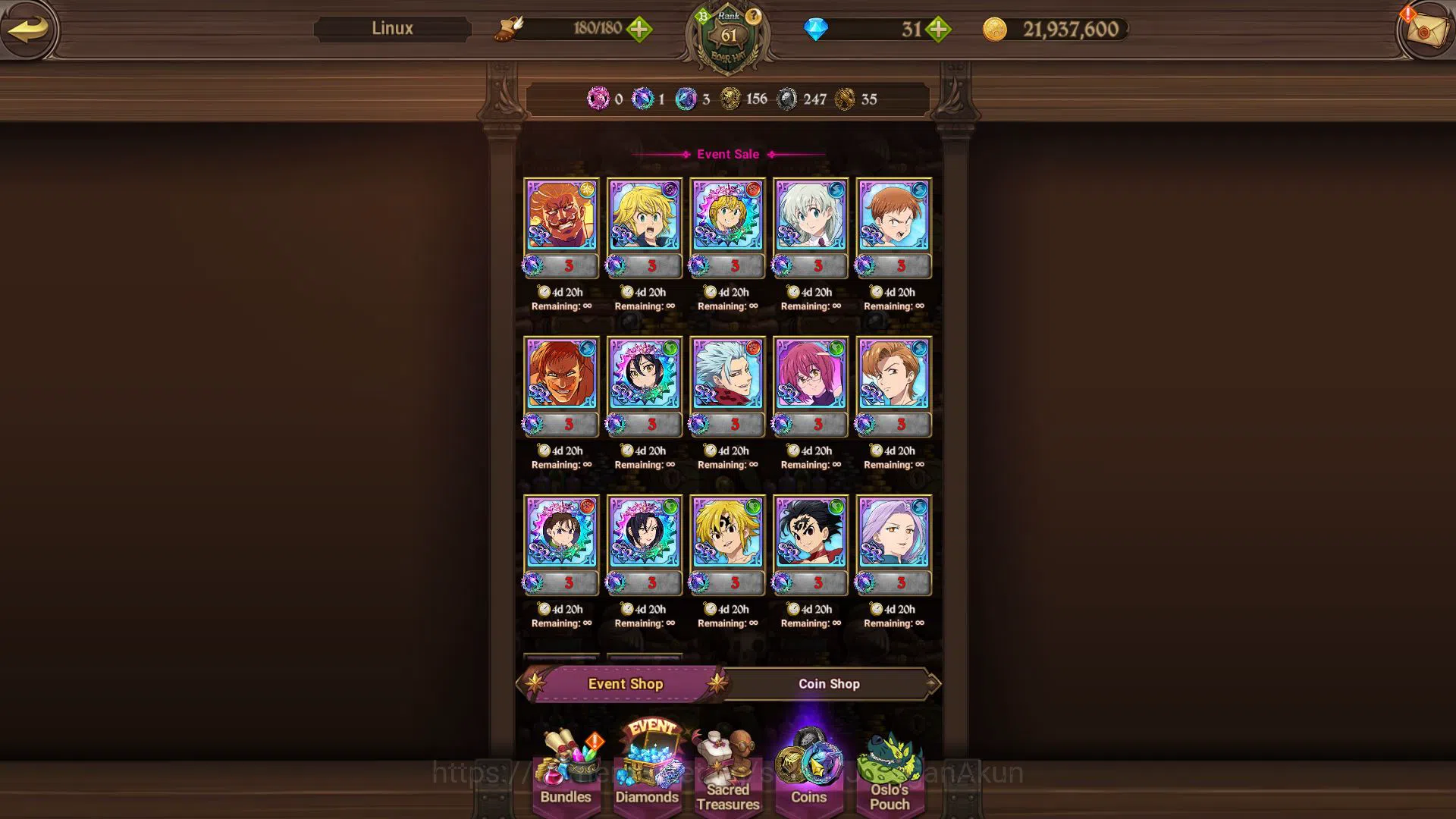 The Seven Deadly Sins: Grand Cross Accounts Starter Global|Starter|Ch 4|1,2M CC|3 UR|Merlin&Escanor,Demon King Meliodas,Thor 8