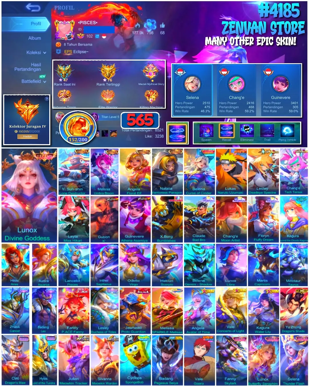 Mobile Legends: Bang Bang Accounts π₯ #4185 π₯ π 565 Skins π Legend Lunox Divine Goddess βοΈ Mega Collector IV β Collector 1