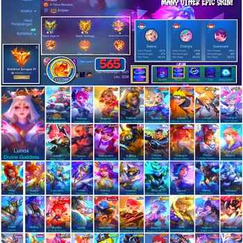 Mobile Legends: Bang Bang Accounts 🔥 #4185 🔥 💎 565 Skins 👑 Legend Lunox Divine Goddess ⚔️ Mega Collector IV ⭐ Collector