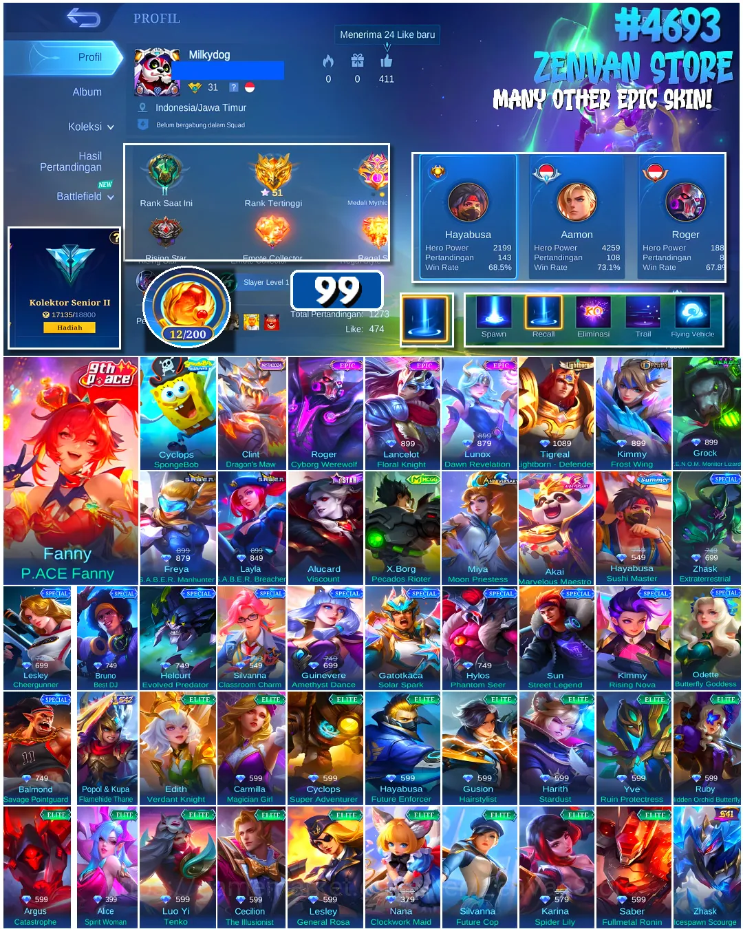 Mobile Legends: Bang Bang Accounts #4693 99 Skins | Fanny P.ACE Fanny (P.ACE) | Cyclops SpongeBob (SPONGEBOB) | Lancelot 1