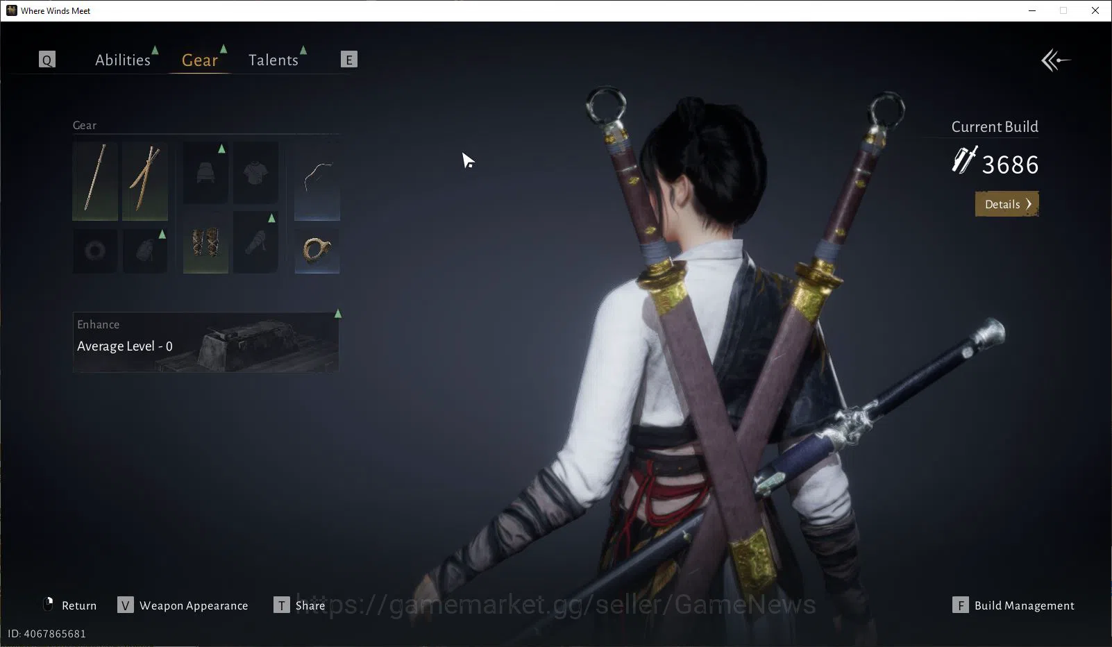 Where Winds Meet Accounts GLOBAL|Lv 7| Starter |GS 3686|1 Harmonic Core Infernal Twinblades + Nameless Sword|Low 7