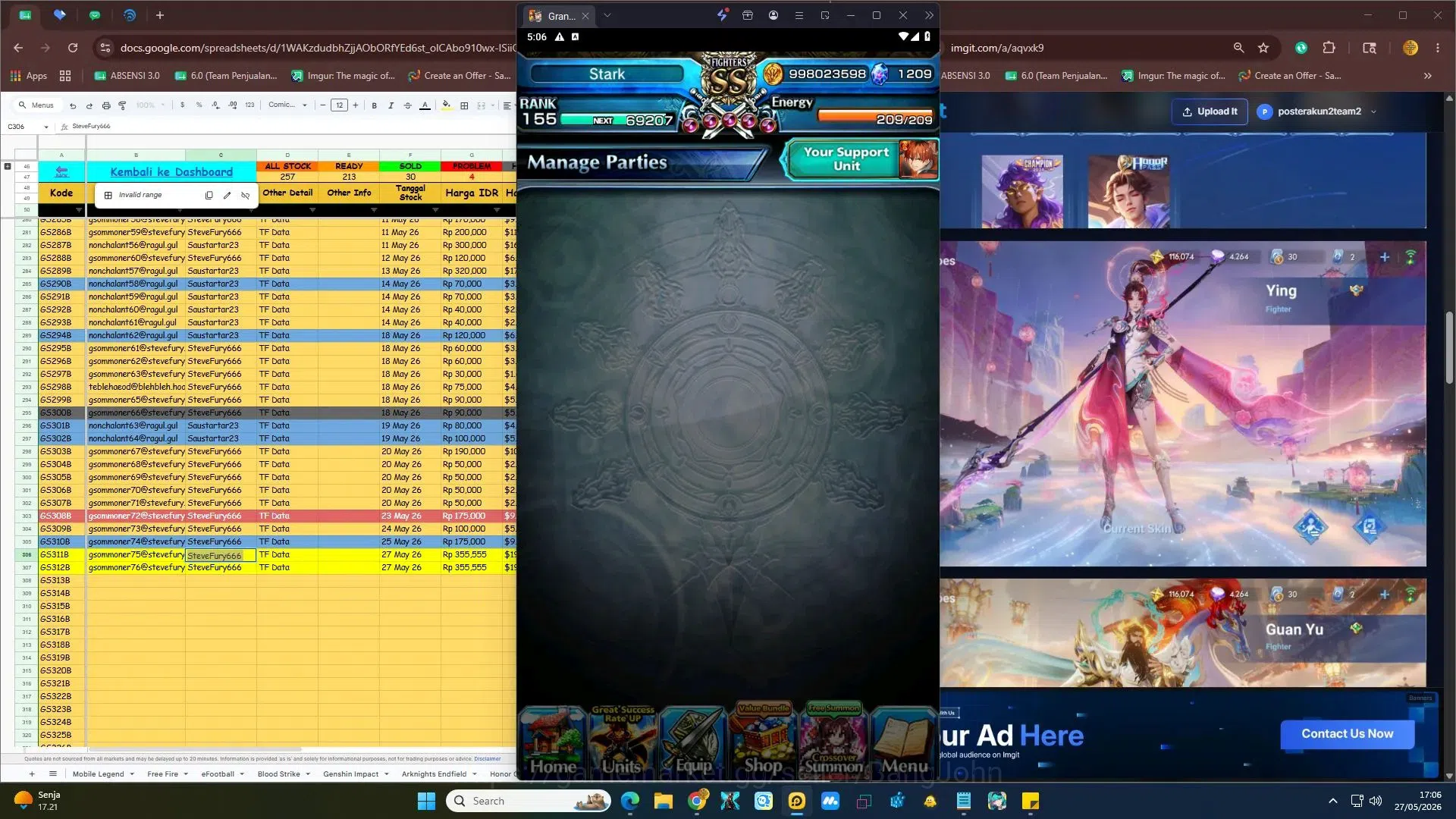 Grand Summoners Accounts Global | Demon Edge Berwick TW | Rank 155 | SS Tie image 2