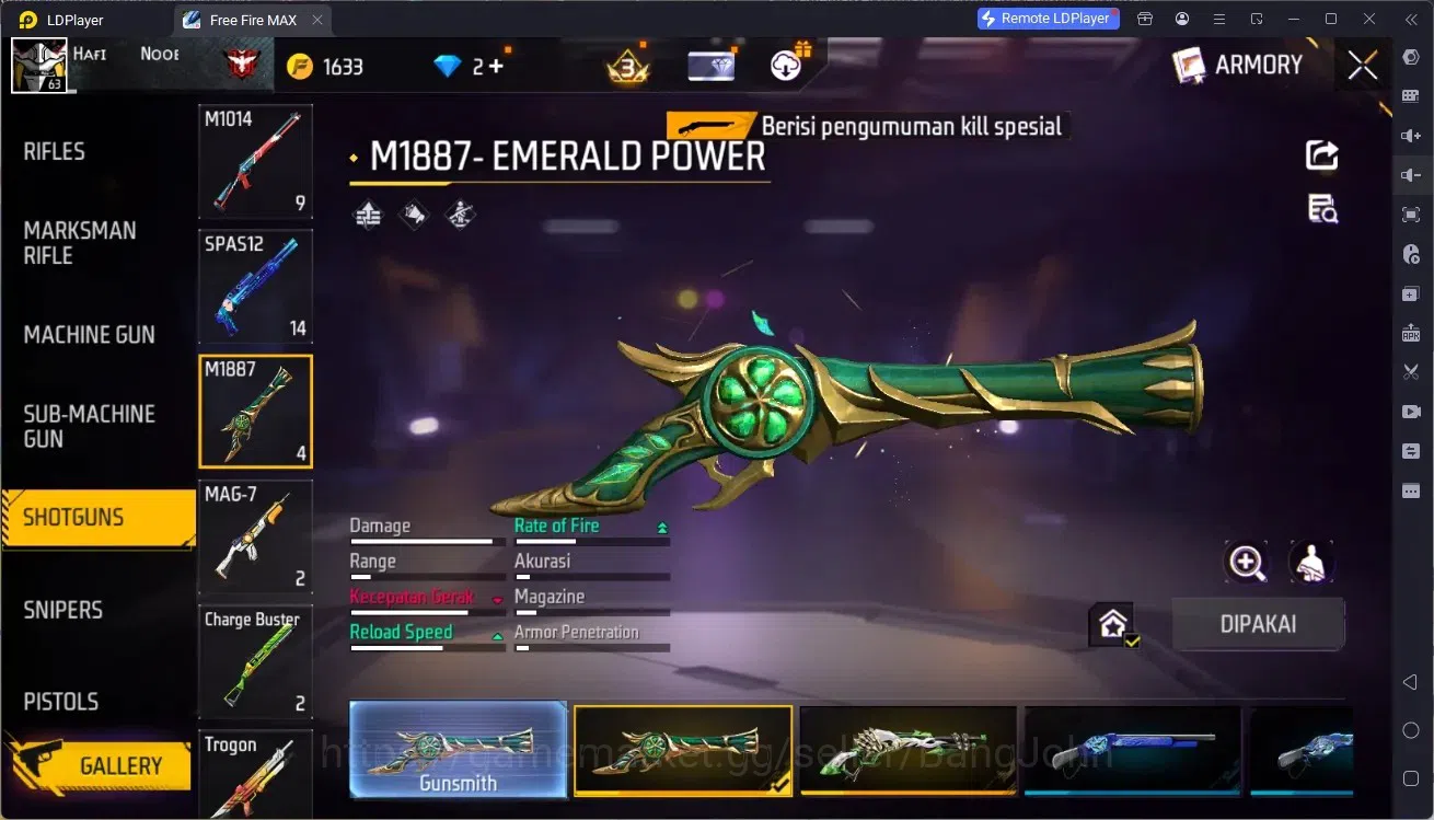 Free Fire Accounts Indonesia | M1887 Emerald Power | M1887 Hand of Ho image 2