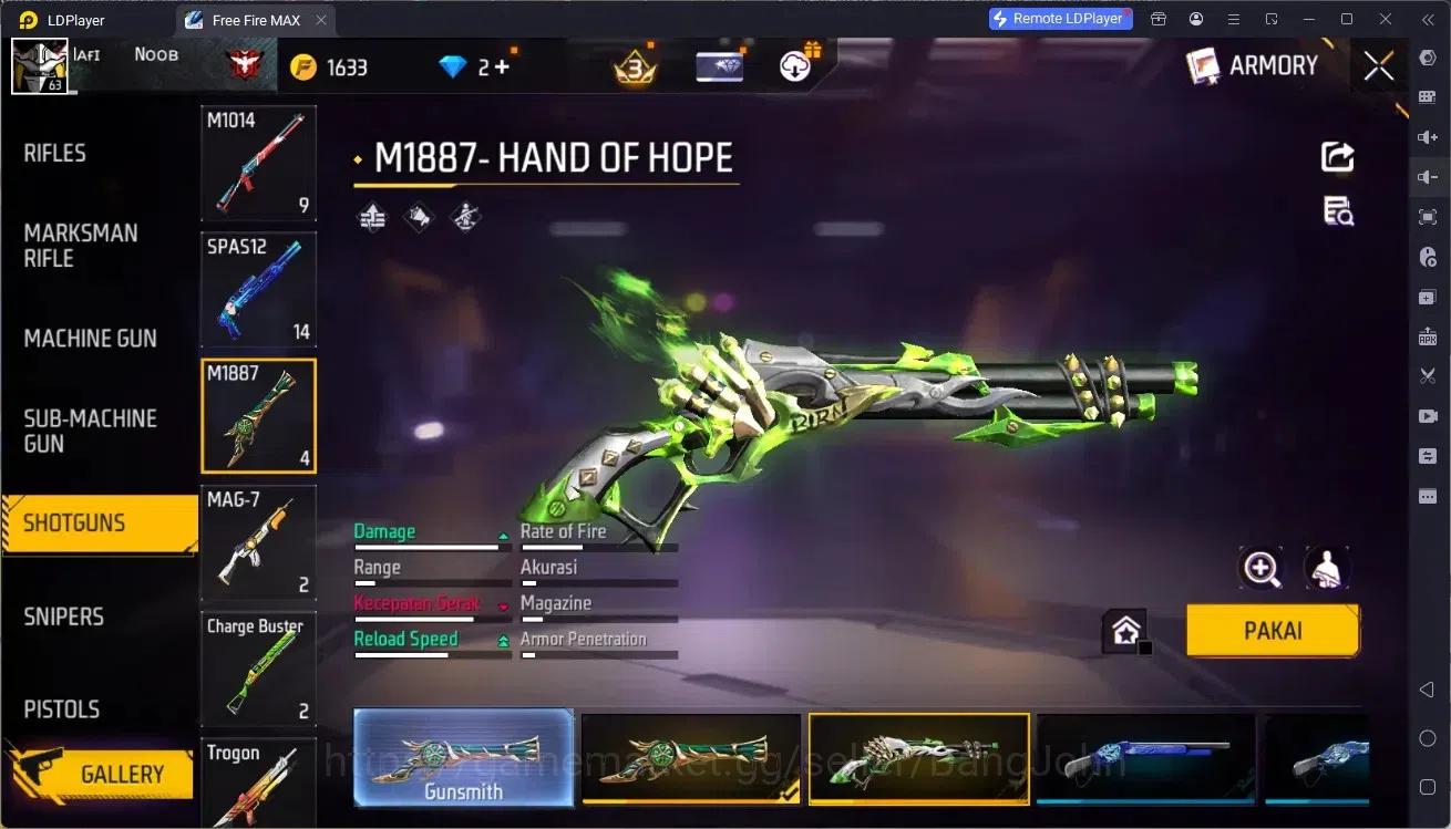 Free Fire Accounts Indonesia | M1887 Emerald Power | M1887 Hand of Ho image 3