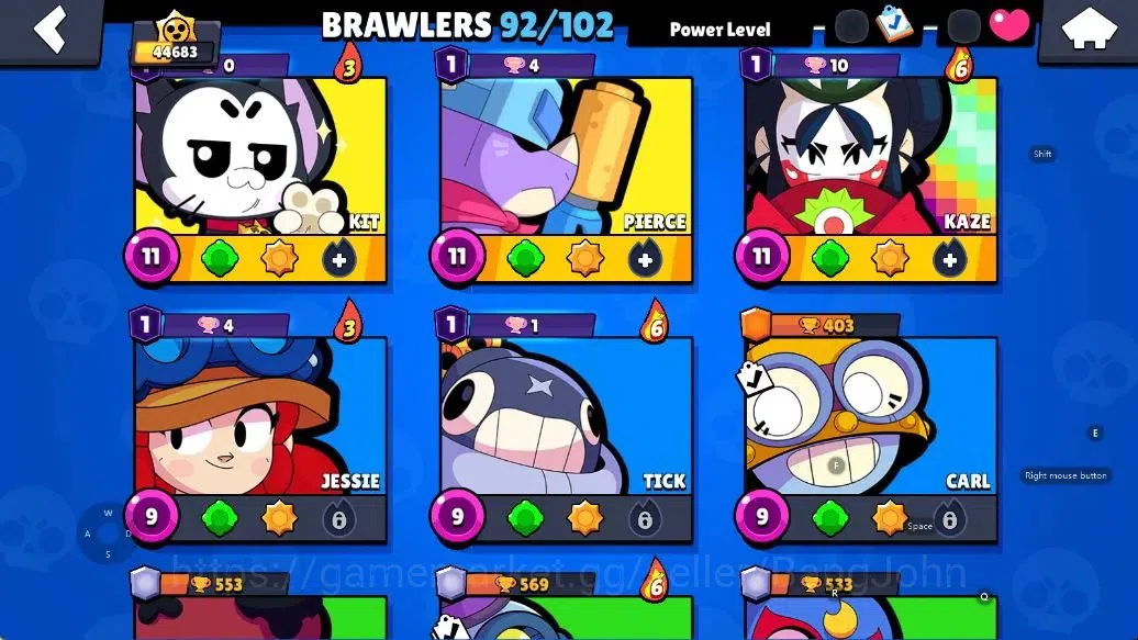 Brawl Stars Accounts Android | 44683 Thropy|92 Brawler-33 Max Lv(Shelly,Colt,Brock,Poco,Rosa,Rico,Etc.)|33k Bling+51 Gems 11