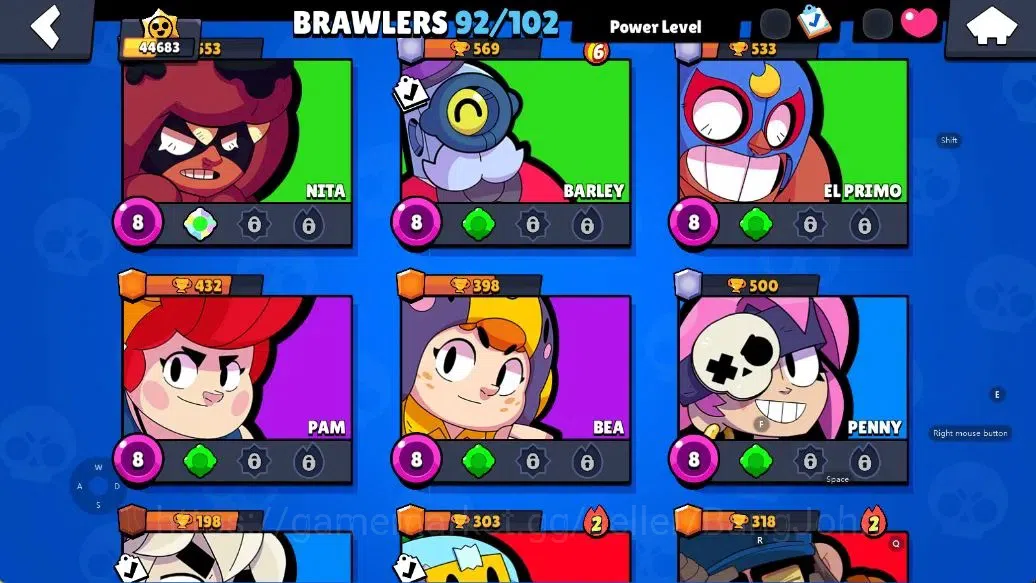 Brawl Stars Accounts Android | 44683 Thropy|92 Brawler-33 Max Lv(Shelly,Colt,Brock,Poco,Rosa,Rico,Etc.)|33k Bling+51 Gems 12