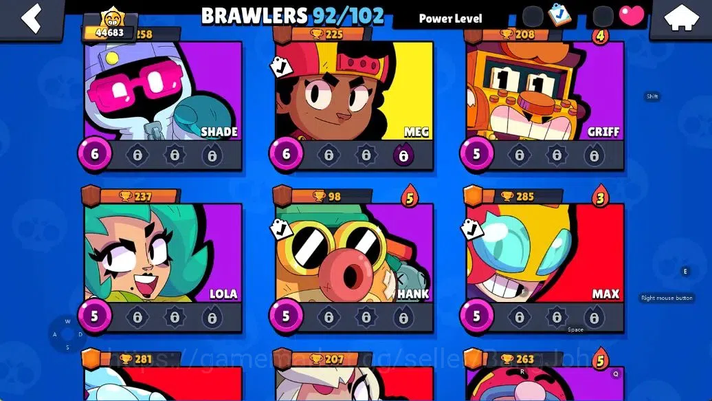 Brawl Stars Accounts Android | 44683 Thropy|92 Brawler-33 Max Lv(Shelly,Colt,Brock,Poco,Rosa,Rico,Etc.)|33k Bling+51 Gems 15