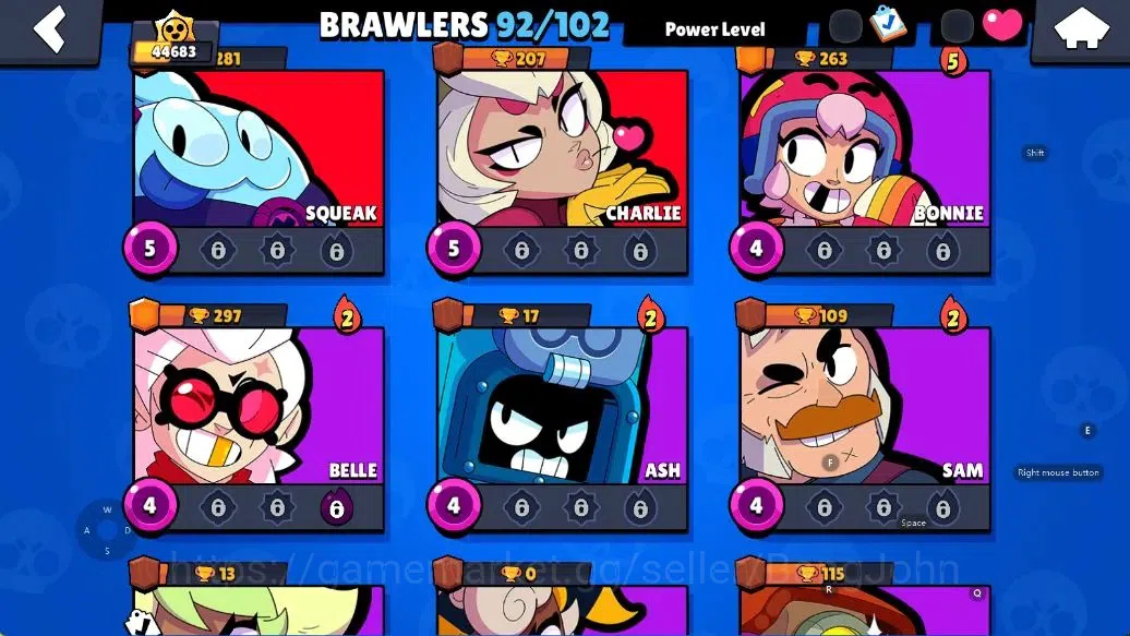 Brawl Stars Accounts Android | 44683 Thropy|92 Brawler-33 Max Lv(Shelly,Colt,Brock,Poco,Rosa,Rico,Etc.)|33k Bling+51 Gems 16