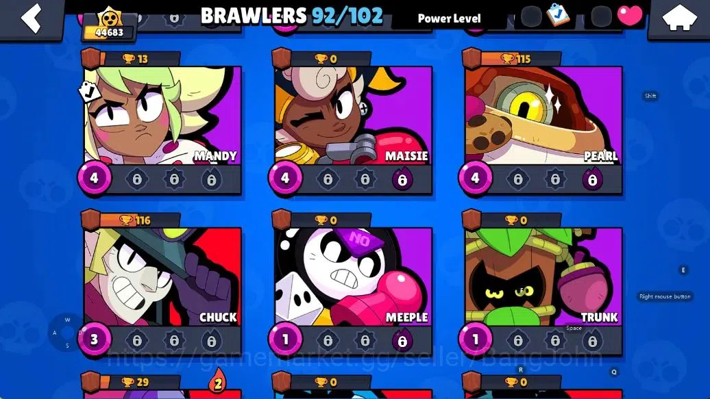 Brawl Stars Accounts Android | 44683 Thropy|92 Brawler-33 Max Lv(Shelly,Colt,Brock,Poco,Rosa,Rico,Etc.)|33k Bling+51 Gems 17