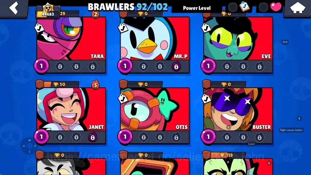 Brawl Stars Accounts Android | 44683 Thropy|92 Brawler-33 Max Lv(Shelly,Colt,Brock,Poco,Rosa,Rico,Etc.)|33k Bling+51 Gems 18