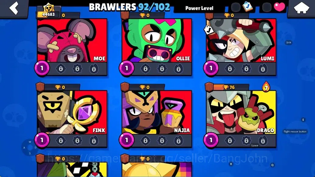 Brawl Stars Accounts Android | 44683 Thropy|92 Brawler-33 Max Lv(Shelly,Colt,Brock,Poco,Rosa,Rico,Etc.)|33k Bling+51 Gems 20