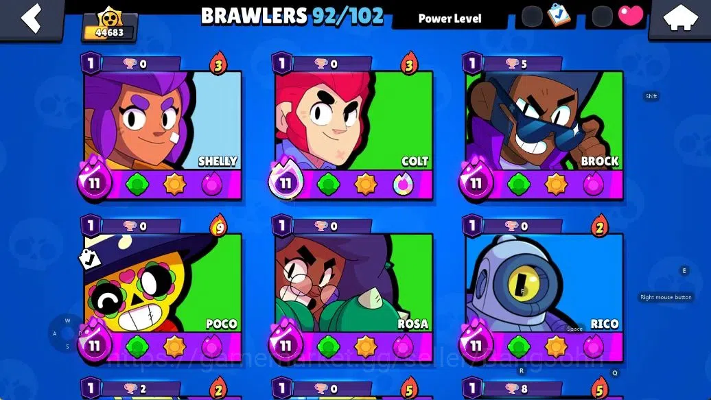 Brawl Stars Accounts Android | 44683 Thropy|92 Brawler-33 Max Lv(Shelly,Colt,Brock,Poco,Rosa,Rico,Etc.)|33k Bling+51 Gems 6