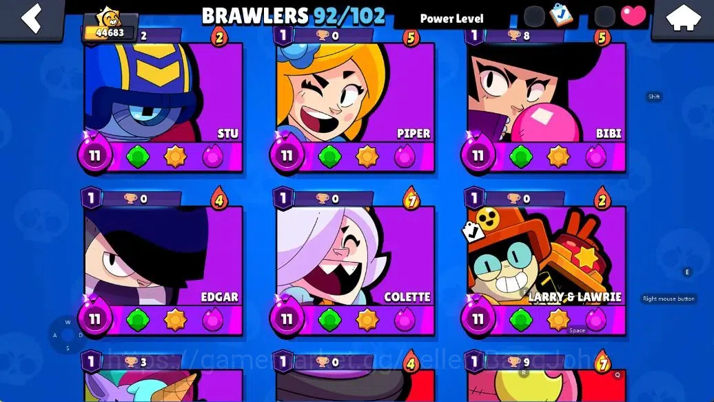 Brawl Stars Accounts Android | 44683 Thropy|92 Brawler-33 Max Lv(Shelly,Colt,Brock,Poco,Rosa,Rico,Etc.)|33k Bling+51 Gems 7