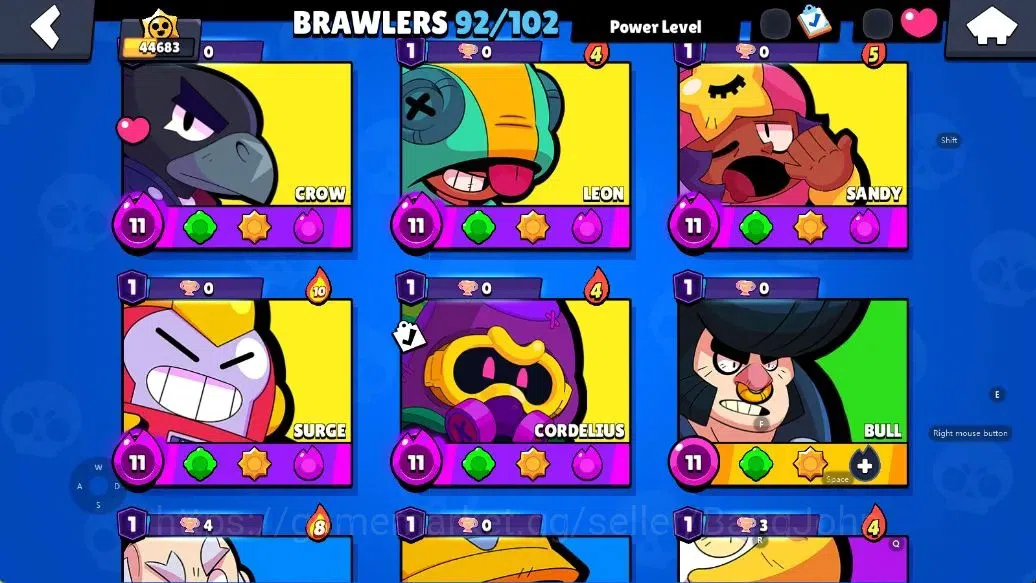 Brawl Stars Accounts Android | 44683 Thropy|92 Brawler-33 Max Lv(Shelly,Colt,Brock,Poco,Rosa,Rico,Etc.)|33k Bling+51 Gems 9