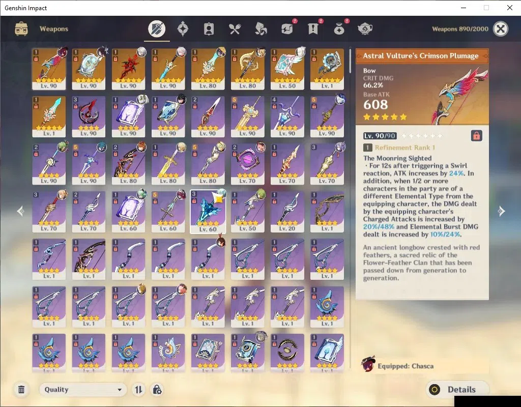 Genshin Impact Accounts Mid Game ASIA|AR58|10 Limited+9(*5Weapon)|Chasca PremTeam|[Chasca,ArlecchinoC1,Navia,Kazuha]+Sign|Mc 9
