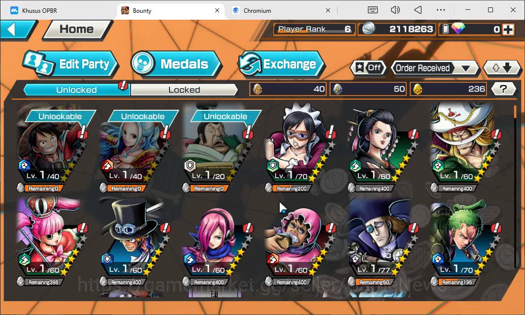 One Piece Bounty Rush Accounts Starter Global|4EX|T5Elder Nusjuro,BFR Shanks,AMS Borsalino,GP Edward 9