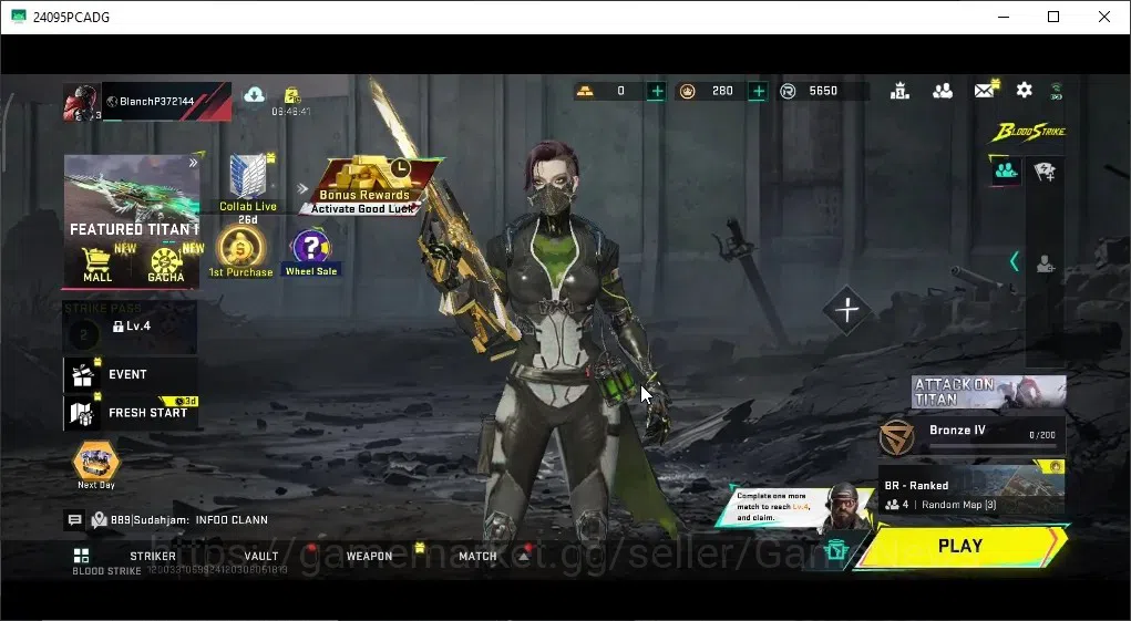 Blood Strike Accounts Starter ASIA|Starter|Eternal AUG|6 Legendary (M4A1,Glock,Origin-12,Kala,SCAR & Loot Crate)|Log 1