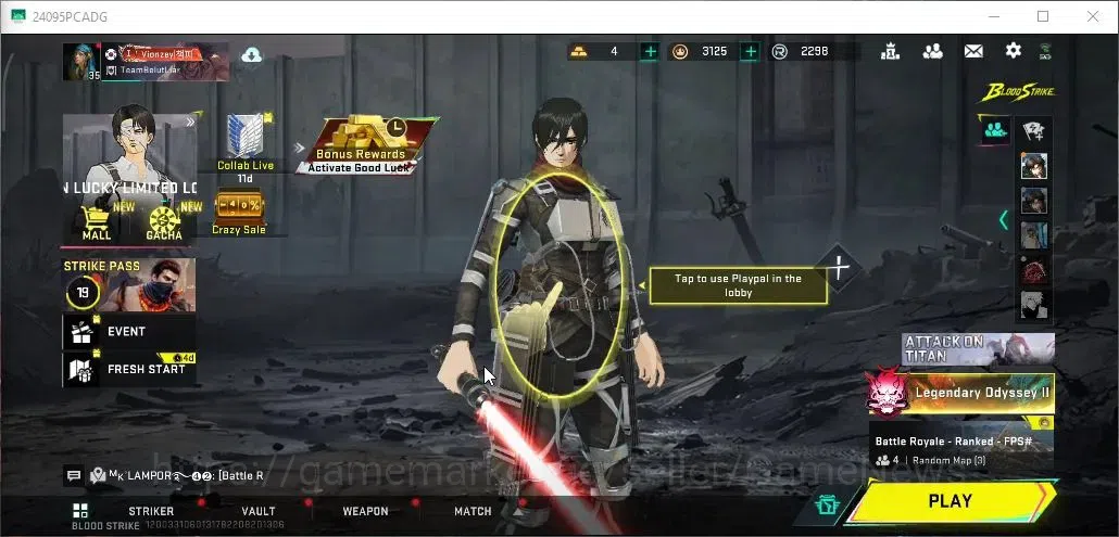 Blood Strike Accounts Collab Skin ASIA|Ultra Melee Lightblade Dark Force|Collab AOT Mikasa Angel,Female Titan|Ultra Glock 1