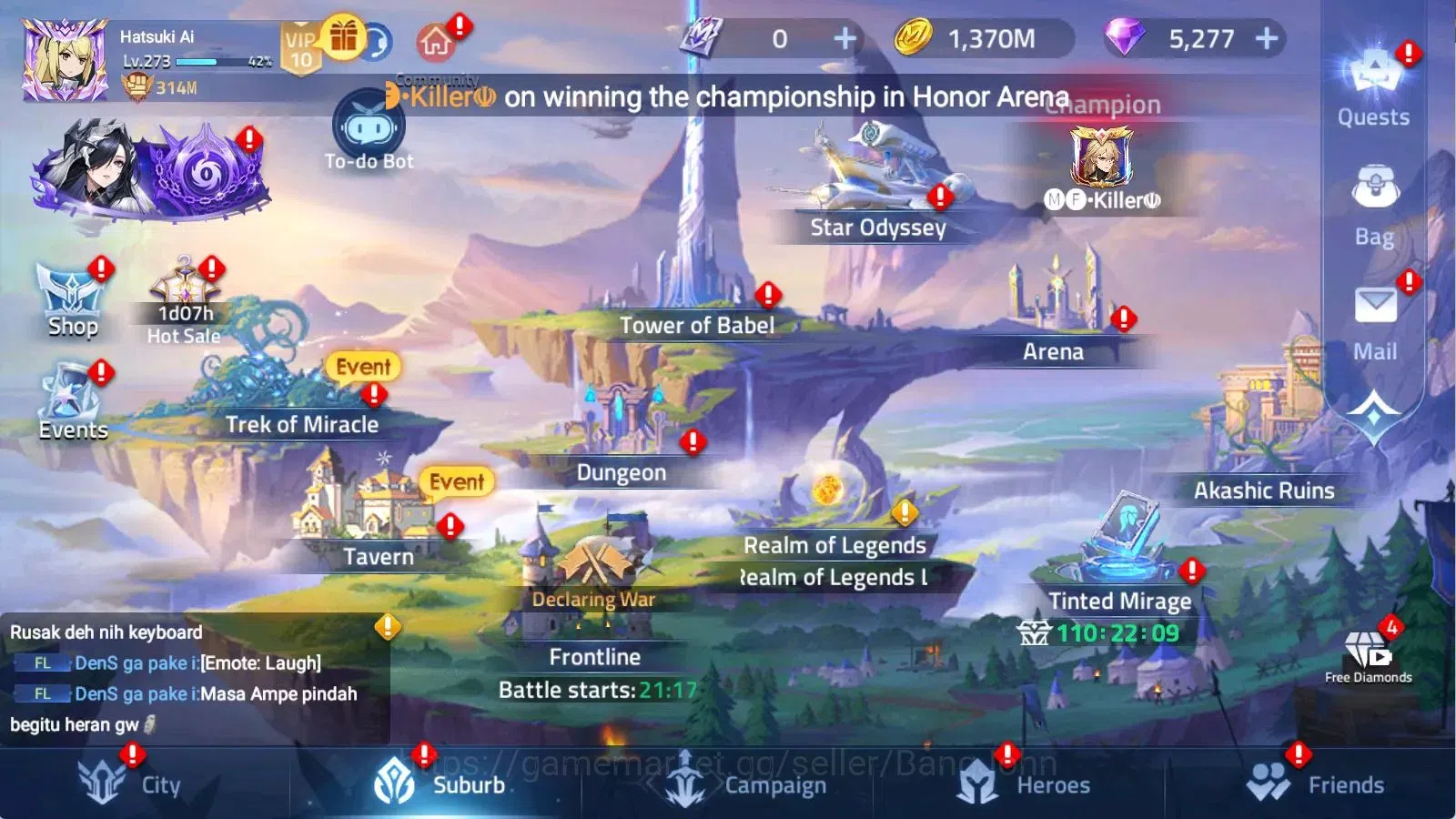 Mobile Legends: Adventure Accounts 70380| L273 VIP10 314M POWER CAMP 65-4 8 UR Achlys Alice Eos Silvanna 3 Epic Skins 20