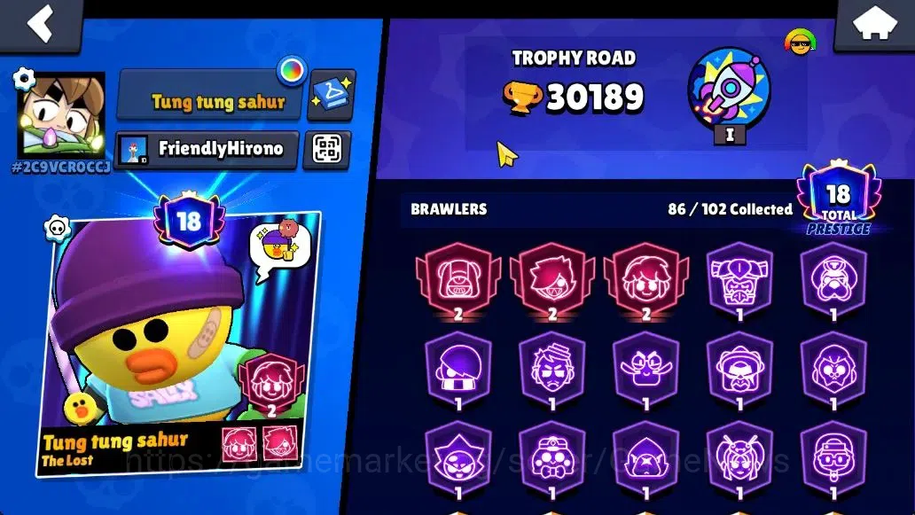 Brawl Stars Accounts 30K Trophy|86 Brawlers 22 Max Lvl|5 Full Buffies|2 UL|18 Prestige|242 Skin|3 hypch 5 Legend 11 Myth 66 4