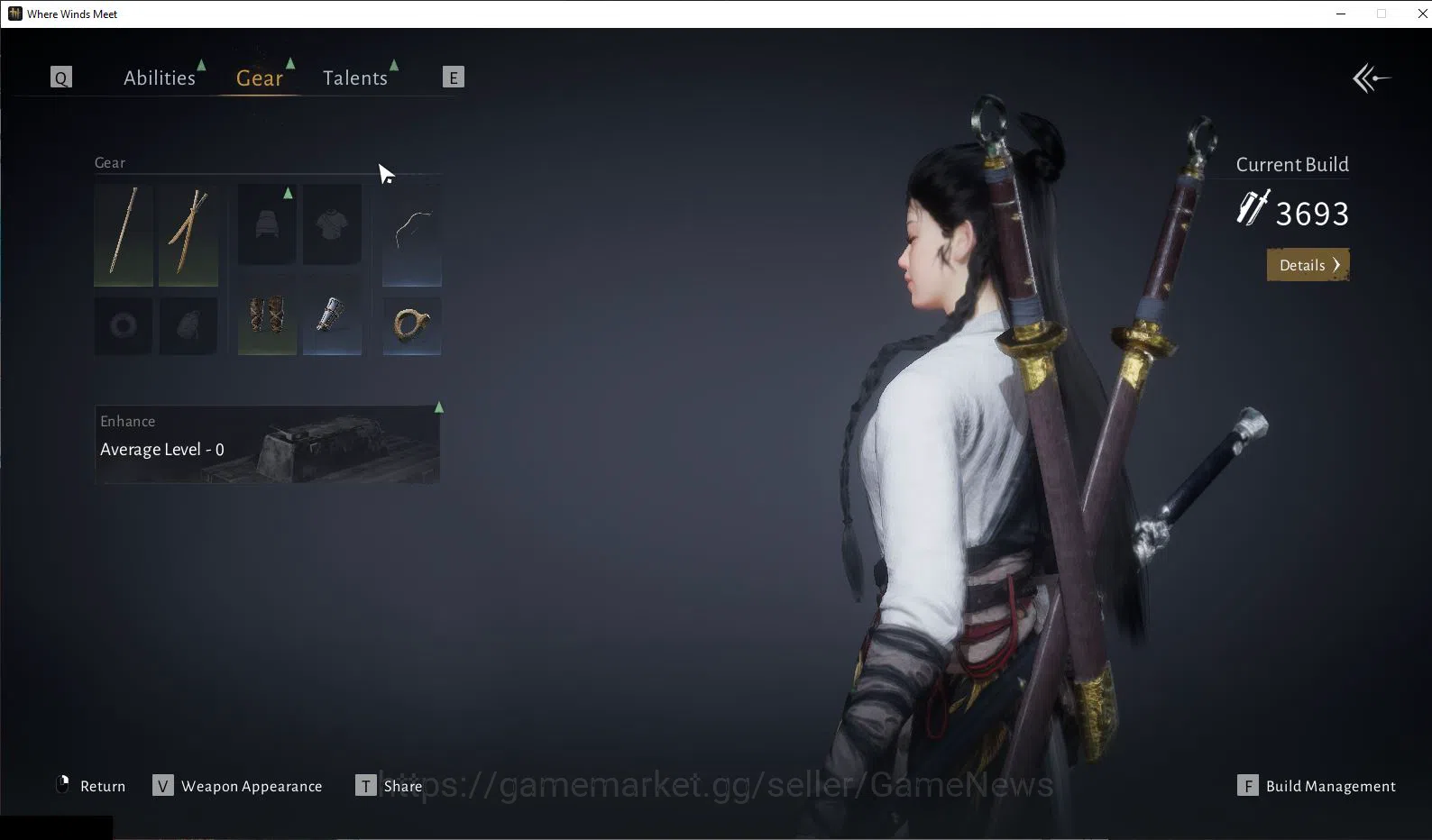 Where Winds Meet Accounts GLOBAL|Lv 7|Starter|GS 3693|1 Harmonic Core|Nameless Sword + Nameless Sper|Low Explore|Female 10
