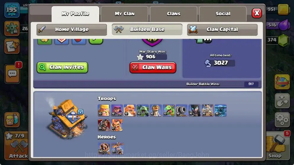 Clash of Clans Accounts Global |TH 16-BH 10|LVL 236|AQ 92 ,MP 60 ,GW 70 ,R image 20