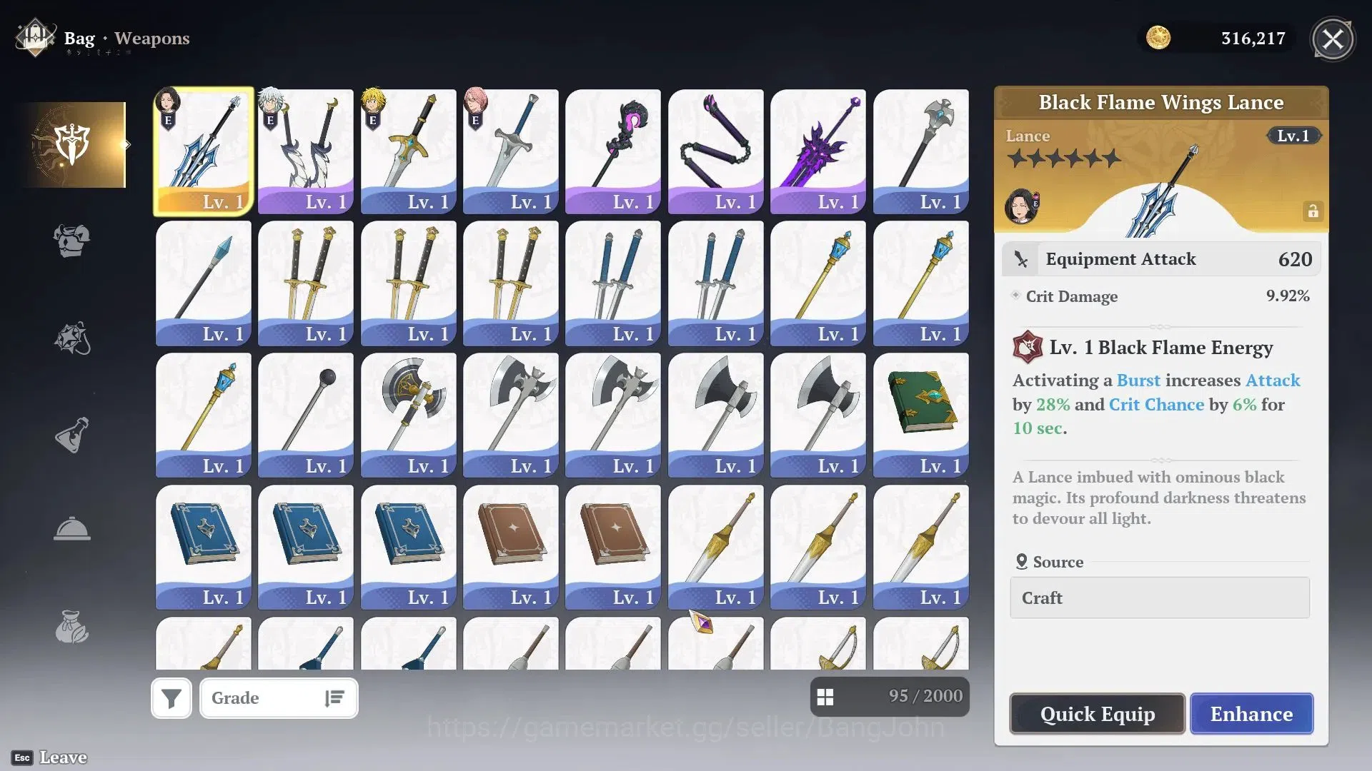 The Seven Deadly Sins: Origin Accounts europe| WL1|Lv2 Book of Stars|5* Black Flame Wings Lance|3 7