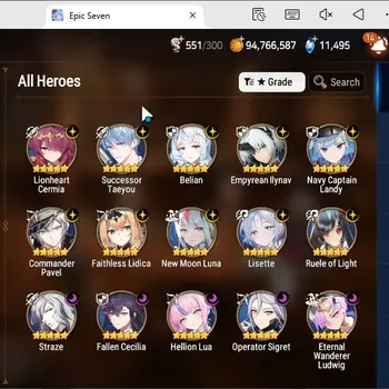 Epic Seven Accounts High-End Global unverif|15ML(Lisette,Straze,Bellian,RoL,S.taiyou,Etc.)|PoH+Bless ON|SS 11.4K|Mystic