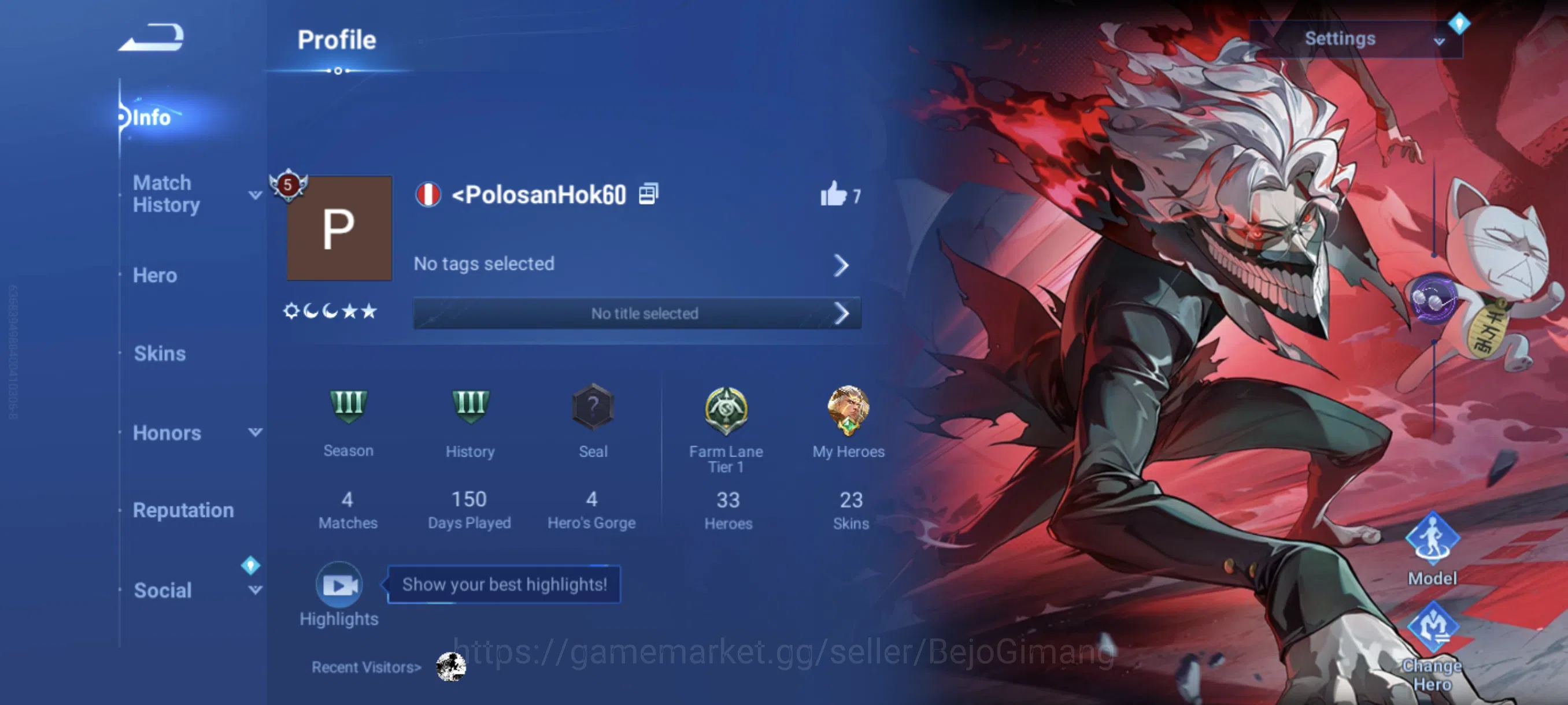 Honor of Kings Accounts Rare Skin Starter Hero 33 Skin 23: Okarun (Lam) Epic Sun Ce, Lu Bu, Hou Yi,Event Hou Yi , etc Log LI 1
