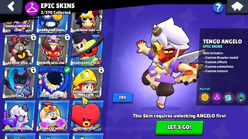 Brawl Stars Accounts 1001 Trophy|20 Brawlers 3 Max Lvl [Edgar,Lola,Shelly] Myth Buzz| 2 Epic Skins [Tengu Angelo,Dr Edgar 6