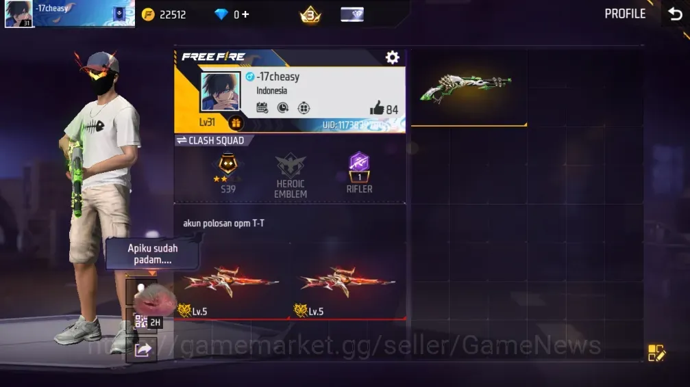 Free Fire Accounts Indonesia |M1887 Hand of Hope|EVO Woodpecker Majestic Prowler|AN94 Tornado Bolt|25 Vault, 7 Bundle|Log 1