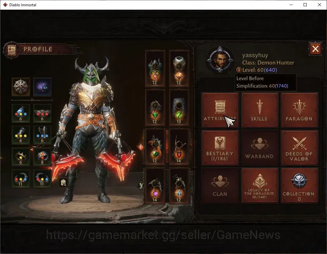 Diablo Immortal Accounts SEA - Anu|CS ON|Lv60(640)|Demon Hunter|CR 38K|Reso image 3