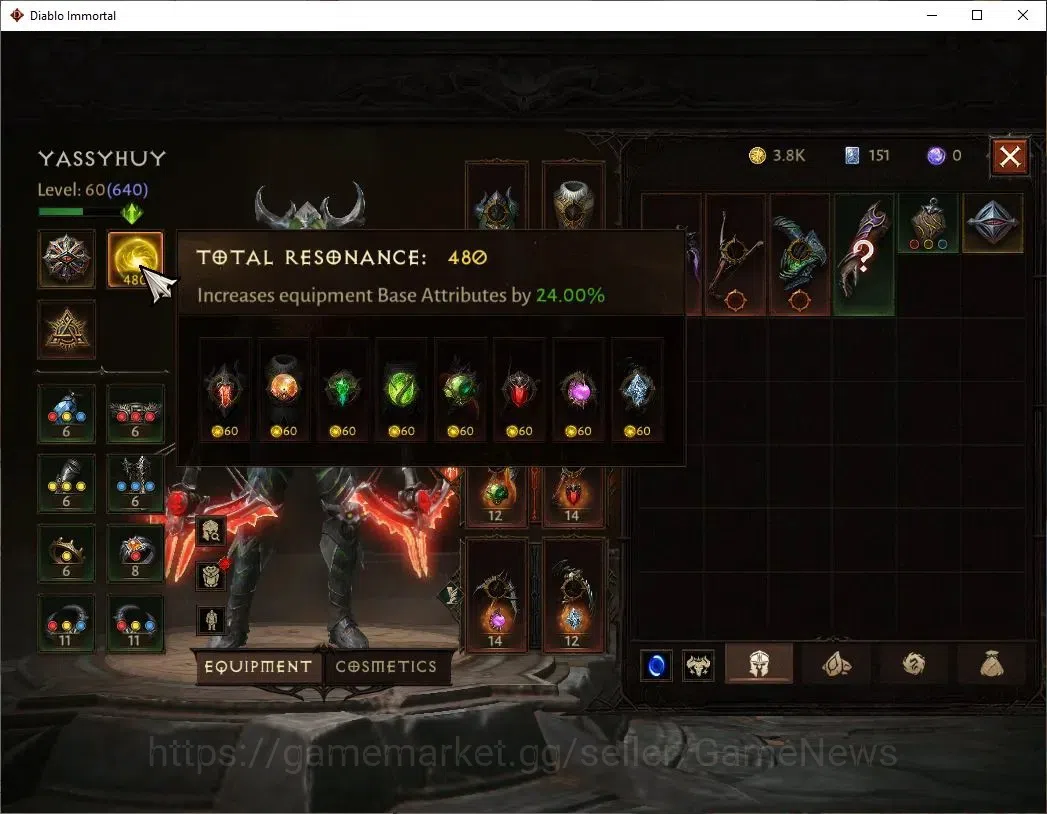 Diablo Immortal Accounts SEA - Anu|CS ON|Lv60(640)|Demon Hunter|CR 38K|Reso image 5