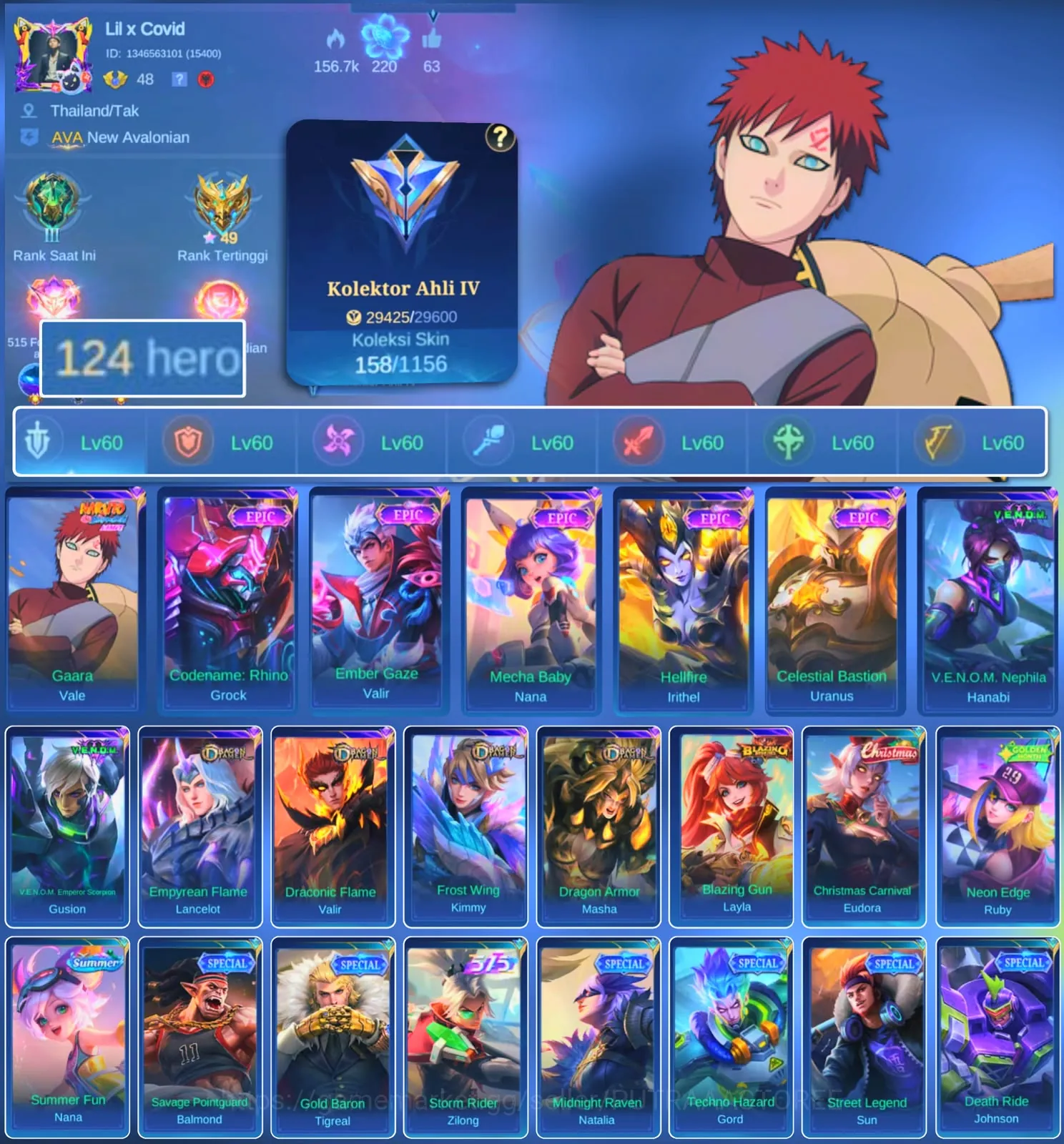 Mobile Legends: Bang Bang Accounts Others HERO 124 SKIN 158 | EMBLEM ALL MAX| VALE GARA| EPIC VALIR | EPIC NANA | INSTAN 1
