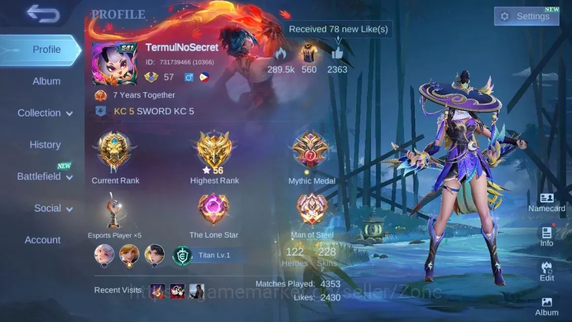 Mobile Legends: Bang Bang Accounts Collector H122|S228|HighGlory 56|Renowned|Lbox Fanny,Karina|KOF Karina|Naruto Vale|9th 1