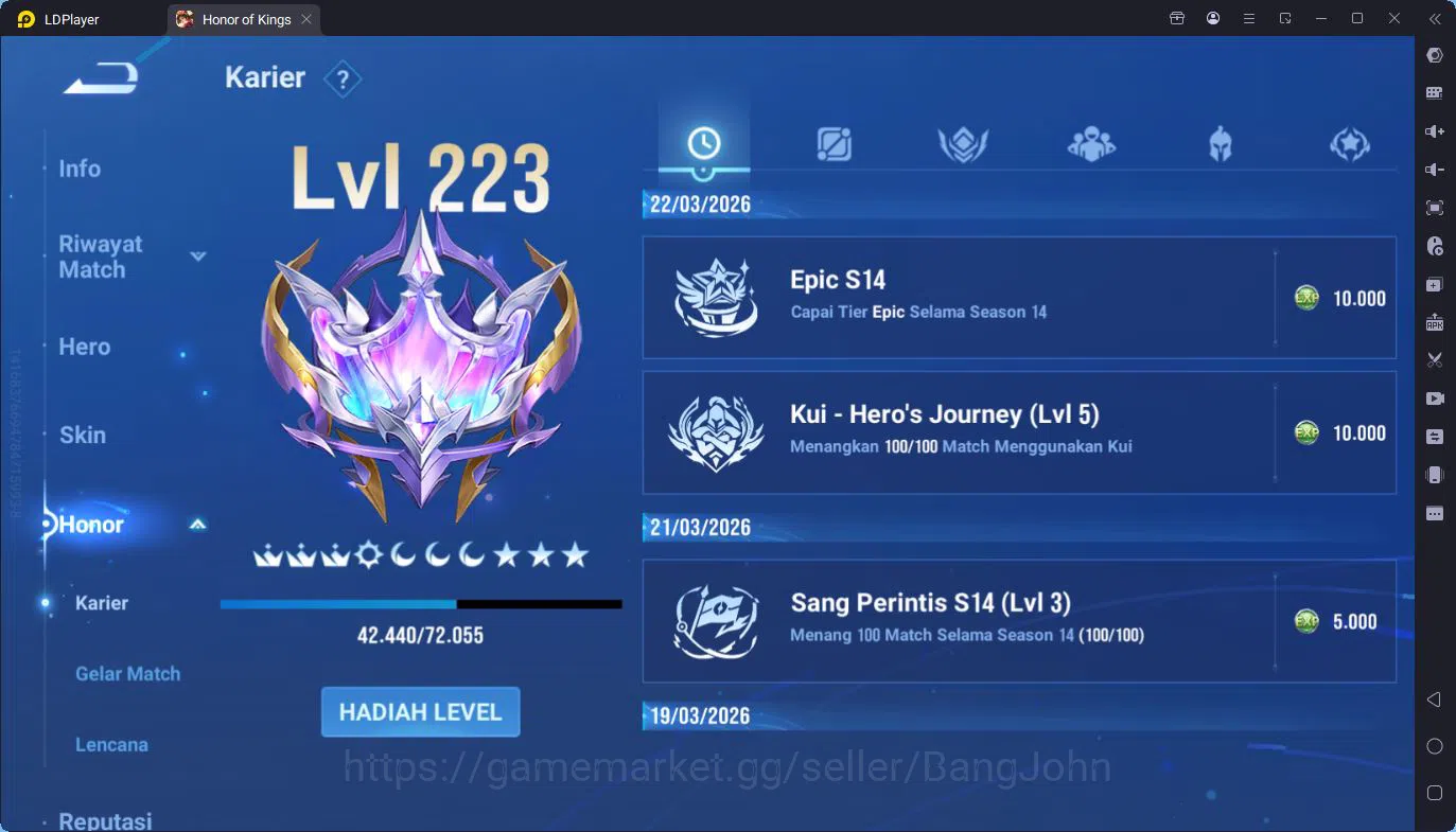 Honor of Kings Accounts Global | 112H 276S | Mythic Lady Sun | 8 LGD | Det image 11
