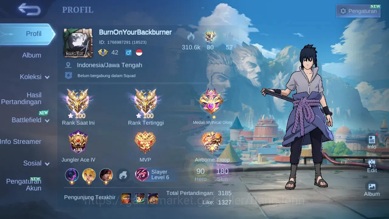 Mobile Legends: Bang Bang Accounts GLOBAL Hero 90 Skin 180 | Sasuke | KOF Guin | AOT  image 14