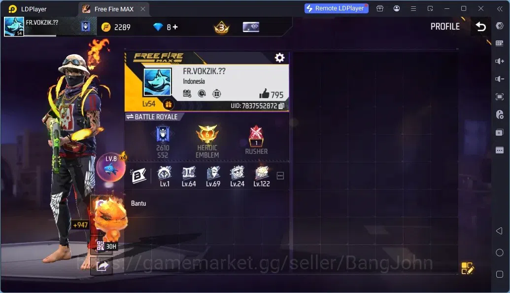 Free Fire Accounts Indonesia | 1 EVO (WOODPECKER-MAJESTIC PROWLER Lv4)| M1887- HAND OF HOPE| Electrify Bunny Backpack 1